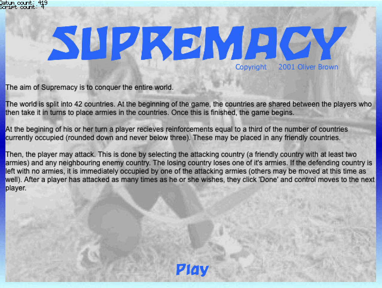 Supremacy title screen rendered in DirPlayer 0.4.1